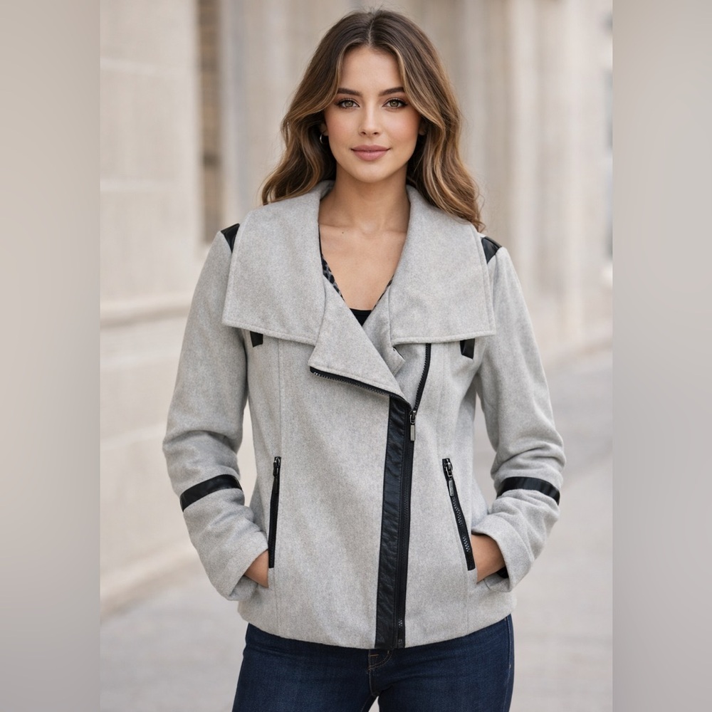YOKI Streetwear Gray Black Wool Blend Asymmetrical Moto Jacket Size Medium
